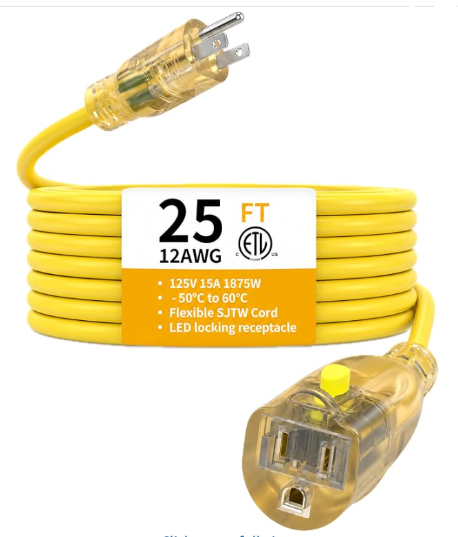25 foot 12 gauge heavy duty outdoor extension cord with lighted outlet