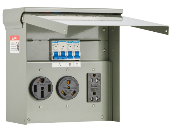 RV campground electrical pedestal with 30 amp, 50 amp, and standard household-style outlets