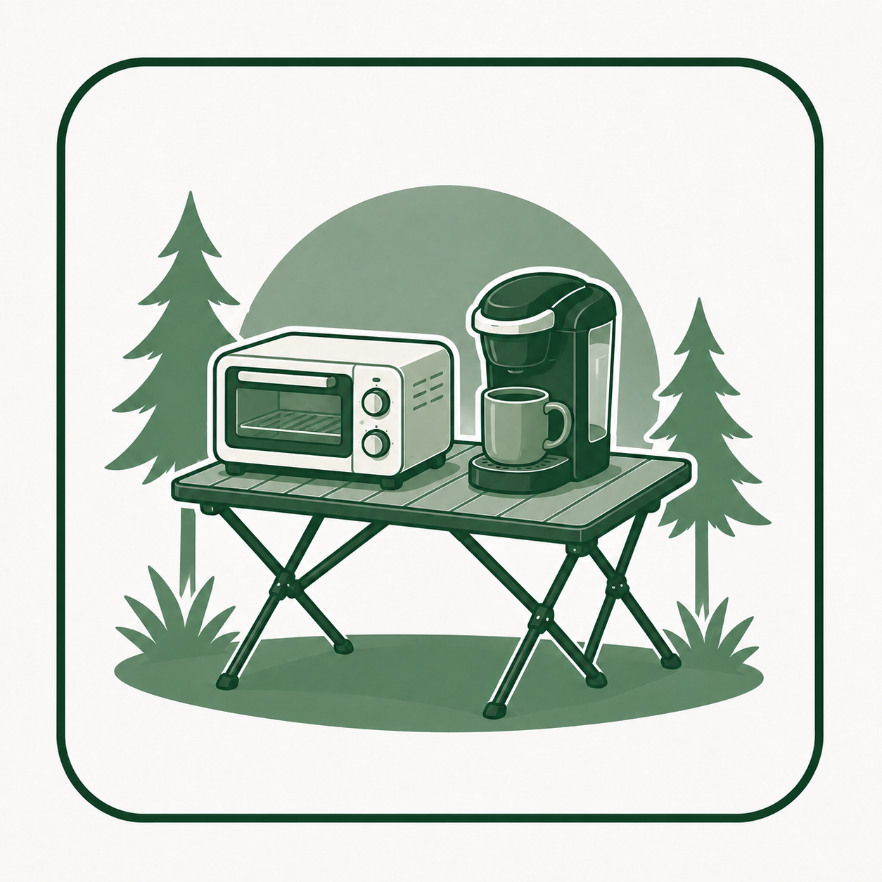 Camp kitchen with toaster oven and coffee maker