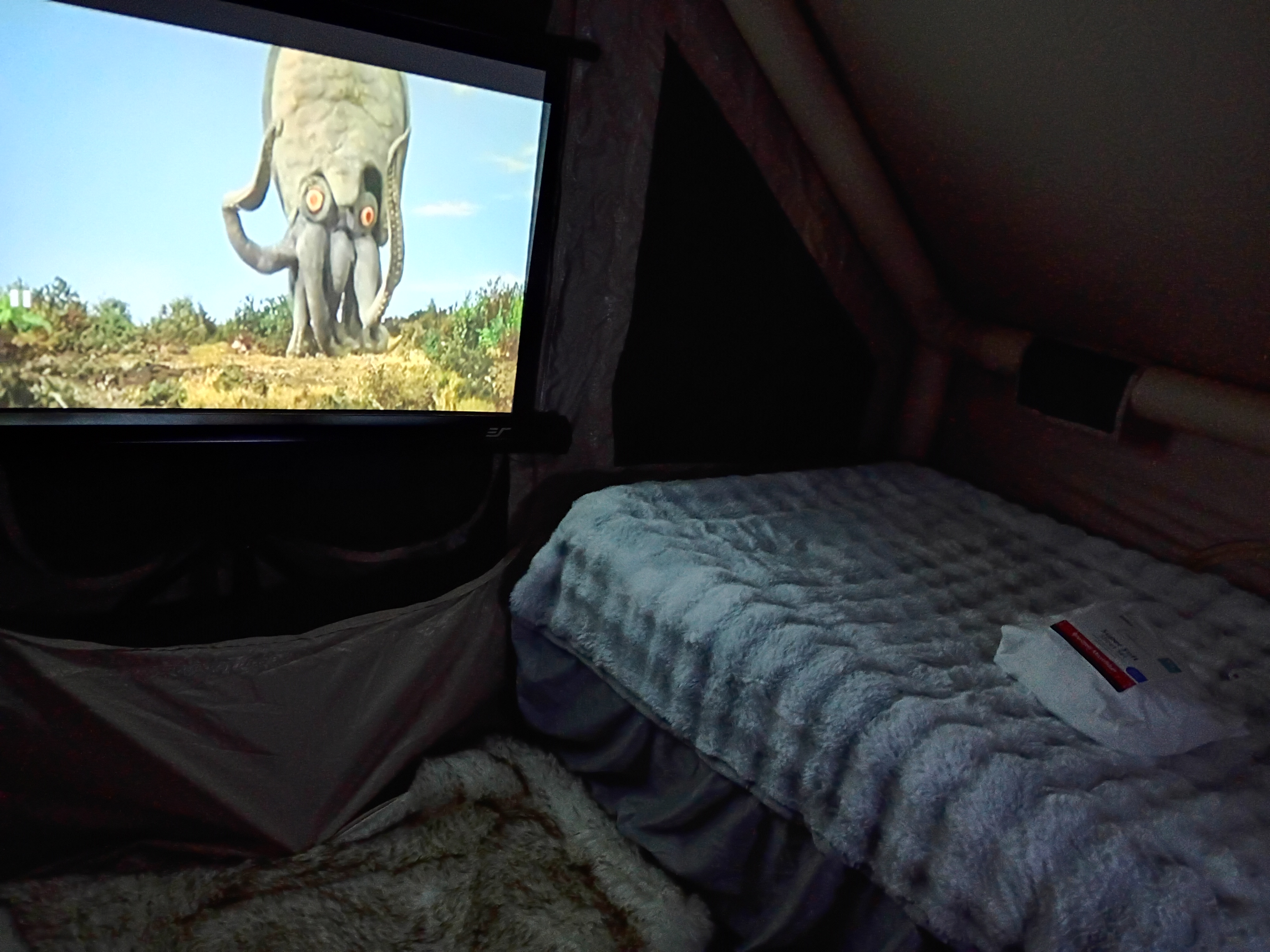 Tent theater setup with projector and movie screen